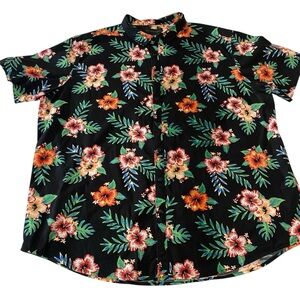 No Boundaries Men’s 3X Hawaiian Floral Button-Down Shirt Black Tropical Vibes